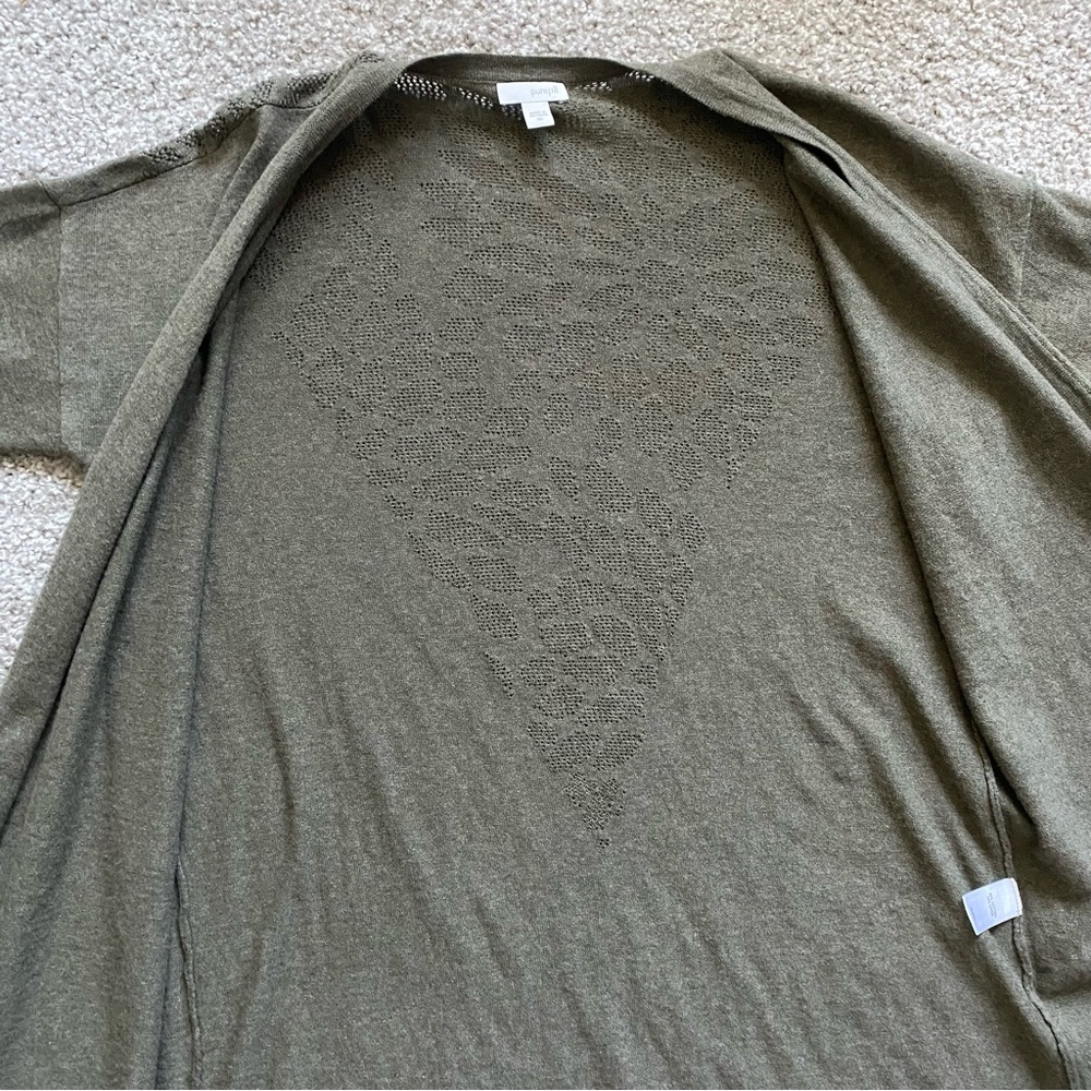 PURE J. JILL Olive Green Open Front 3/4 Sleeve Cardigan - Picture 7 of 11